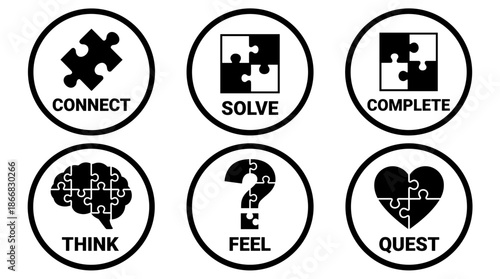 Monochrome badge set featuring puzzle pieces and brain icons with text labels, all in a flat vector style on a white background, with solid black colors only