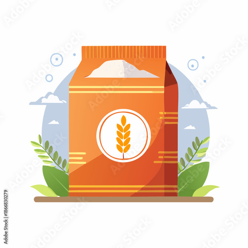 Orange bag of natural wheat flour vector illustration, highlighted with a prominent grain symbol and green leaves, perfect for wholesome baking ingredients and organic food promotion