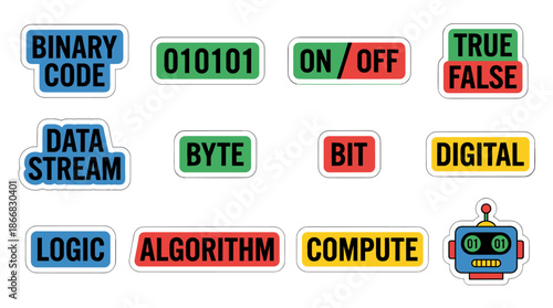Set of binary visuals in flat vector style with solid colors, including Binary Code, Data Stream, Logic, Algorithm, and Byte elements.