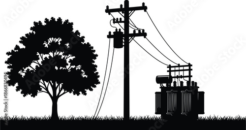 Black and white silhouette illustration of tree, utility pole, electrical wires, transformer station, power distribution infrastructure, energy supply, urban planning, environment