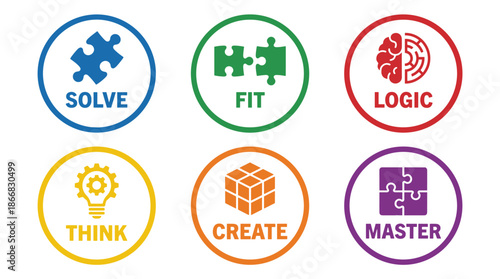 Set of four colorful icon badges with puzzle piece, lightbulb, and other symbols, each within a circle, with bold uppercase text on a white background.