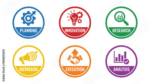Set of four strategy icons in flat vector style with solid colors, including planning, implementation, outreach, and reach, on white background.