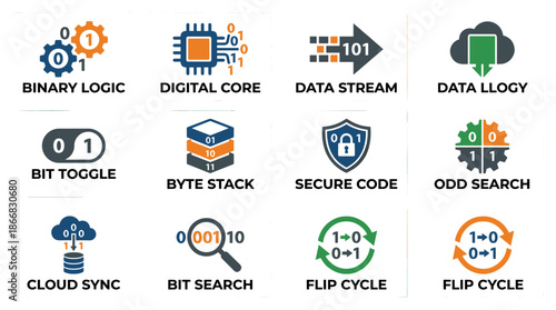 Set of six flat vector style binary visuals with solid colors, including gears, circuit board, toggle, stack, cloud, and magnifying glass.