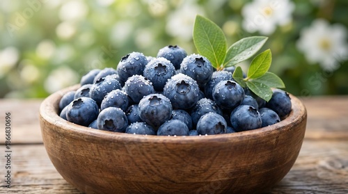 Wallpaper Mural a close up shot displays a rustic wooden bowl abundantly filled with fresh plump blueberries set against a blurred background of white blossoms Torontodigital.ca