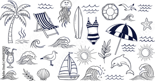 Vector illustration of beach vacation doodles with summer objectsVector illustration of beach vacation doodles with summer objects