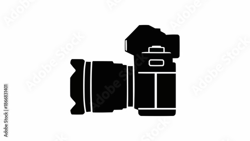 Black silhouette of a professional DSLR camera with a lens.