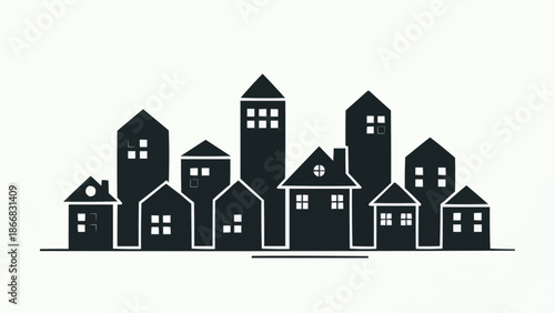 Silhouette of a city skyline with various buildings and houses.