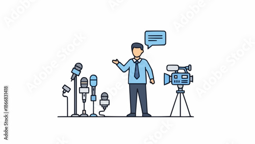 Man speaking at press conference with microphones and camera.