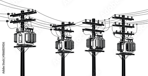 Electrical distribution system illustration, utility poles with transformers, overhead power lines vector, black and white infrastructure drawing, energy transmission artwork, urban grid design