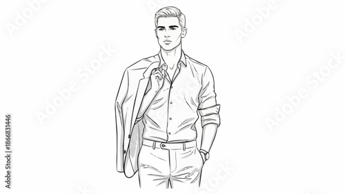 Stylish Man in Shirt and Trousers Holding Jacket Over Shoulder.