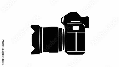 Professional DSLR camera with lens in silhouette.