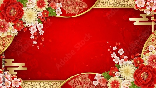 Vibrant red background adorned with golden patterns and traditional festive flowers