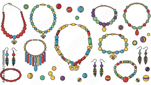 A colorful illustration of various jewelry pieces and beads in a vibrant design