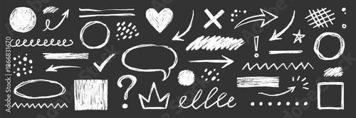 Hand drawn chalk doodles elements on blackboard texture arrows, question marks, question set. Highlight, circle frame, cloud sketch brush texture marker stroke. Vector illustration