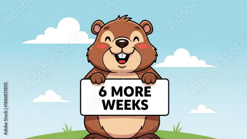 A cartoon groundhog holding a sign that says 6 more weeks in a playful illustration