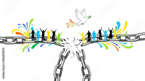 A colorful illustration of people breaking free from chains with a dove flying above