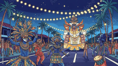 A vibrant illustration of people dancing in a street festival at night with colorful costumes and lights