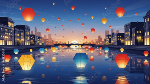 A serene cityscape at dusk with colorful lanterns floating above a tranquil river