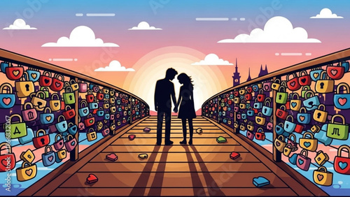 A romantic couple stands on a bridge adorned with colorful locks and hearts under a vibrant sunset sky