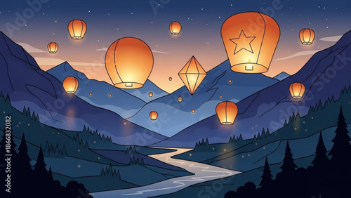 A serene vector illustration of glowing lanterns floating above a winding river in a mountainous landscape at dusk