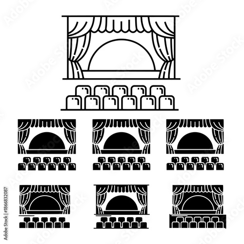 drama stage , stage of TV show silhouette pack Empty stage illustration with curtains, lighting, and music stan