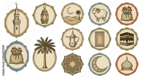 Eid Vibes Vector Vintage Badge Collection Featuring Kaaba Sheep and Lantern with Hand Drawn Engraving Style for Ramadan Kareem or Hajj Pilgrimage Design Element and Islamic Holiday