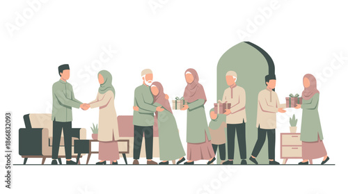 Eid Vibes Vector Illustration of Muslim Family Gathering Forgiving Each Other Handshake and Hugging during Mubarak Celebration with Flat Character Style for Web Landing Page Banner