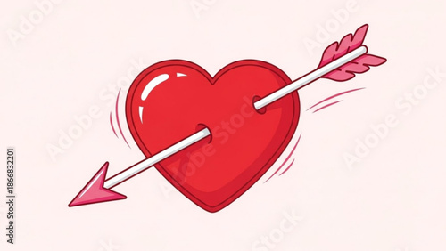 A cute cartoon heart pierced by a pink arrow on a soft pink background
