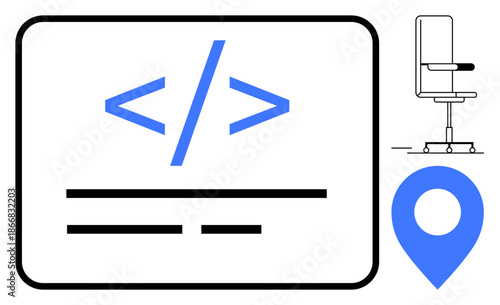 Web development, office work, software programming, coding education, geolocation services, graphic design. Code snippet symbol with a map pin and office chair. Web development and software