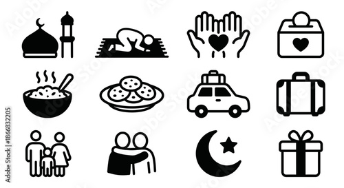 Bold line icon set of Eid al Fitr activities and muslim people customs including family gathering prayer and charity for holy ramadan islamic celebration vector design asset