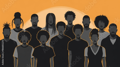 A diverse group of people standing together in a vibrant orange sunset background