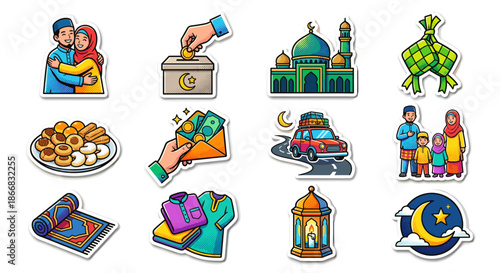 Colorful Eid al-Fitr Sticker Pack Vector Illustration, Collection of Cartoon Muslim Activities and Symbols, Cute Ramadan Icons including Zakat, Ketupat, Mudik Car, and Family