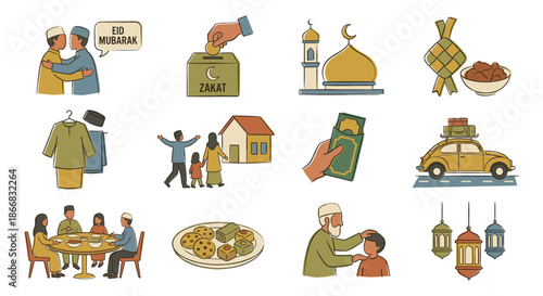 Hand Drawn Eid al-Fitr Activity Icons Vector Set, Sketchy Doodle Style Illustrations of Muslim Holiday, Scenes of Silaturahmi, Zakat, Homecoming Travel, and Family Dinner