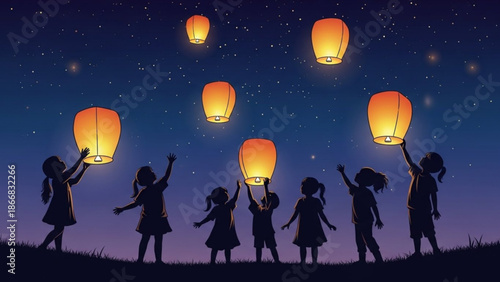 A group of children releasing glowing lanterns into a starry night sky
