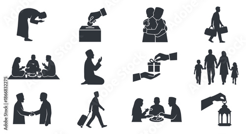 Set of Eid al-Fitr activities silhouette icons featuring muslim people praying, giving zakat charity, hugging, family homecoming travel and celebrating ramadan vector illustration.