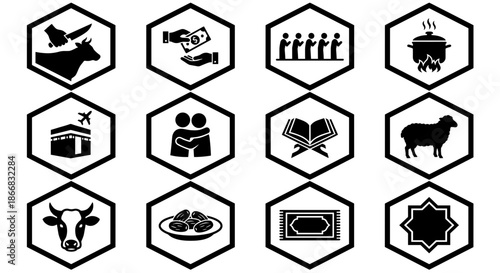 Hexagonal Eid al-Adha activities icons set depicting qurbani slaughter, hajj travel, zakat charity, prayer, mosque and islamic rituals in black and white vector symbol collection.
