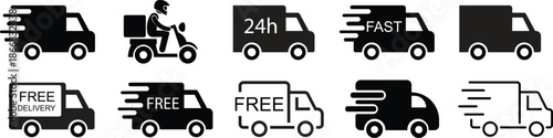Fast delivery truck icons set with speed lines, express shipping and logistics transportation symbols collection. vector illustration