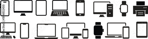 Modern electronic devices and gadgets collection with computers, smartphones, tablets, and wearable technology icons set