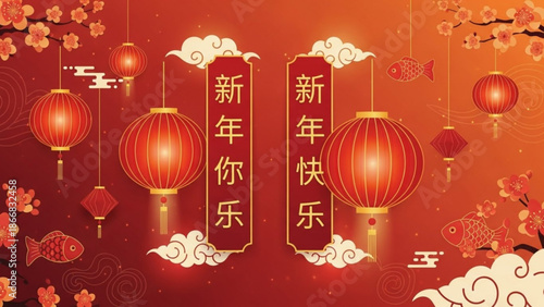 A vibrant vector graphic illustration of Chinese New Year decorations featuring red lanterns and cherry blossoms