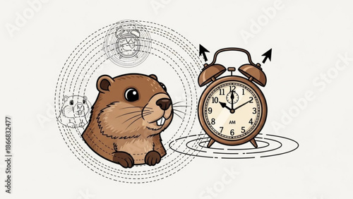 A cartoon groundhog is depicted in a whimsical illustration next to an alarm clock, surrounded by creative design elements.