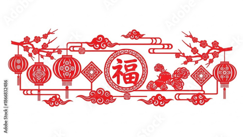 A vibrant red Chinese New Year decoration featuring lanterns and the character for good fortune