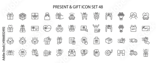 プレゼントやギフトに関連したアイコンセット,プレゼント関連のデザイン(バレンタインデー,クリスマス、母の日、父の日、誕生日など)で使える編集可能なラインのイラストレーション
