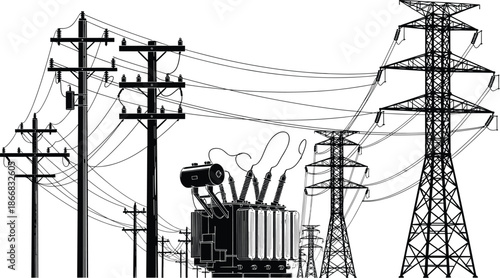Electrical power distribution system illustration, utility poles, transmission towers, transformer infrastructure, overhead power lines, energy grid network, industrial electricity supply vector art