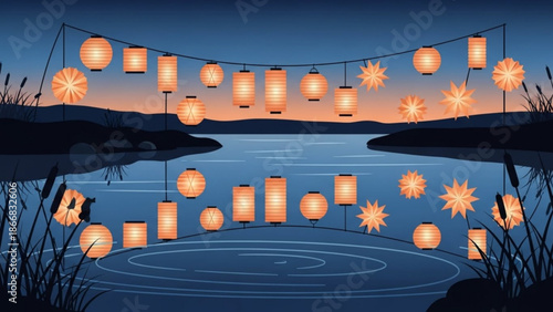 A serene vector illustration of glowing lanterns hanging over a peaceful lake at dusk