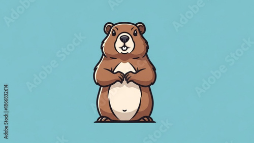 A cute cartoon bear standing on its hind legs with its paws together in a heart shape on a solid blue background