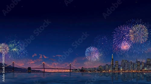 City Celebration Under Fireworks: A breathtaking cityscape, illuminated by the vibrant bursts of fireworks, set against a backdrop of a tranquil night sky.