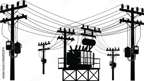 Electrical power distribution system silhouette, utility poles with overhead lines, transformer substation illustration, energy infrastructure vector, black and white industrial design