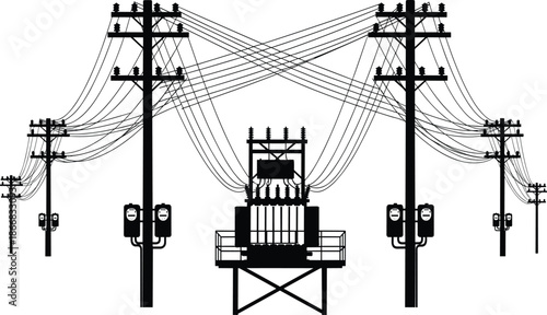 Electrical power distribution system vector illustration, utility poles with insulators, transformer silhouette, high voltage lines network,