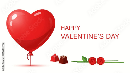 A striking minimalist flat design illustration of "HAPPY VALENTINE'S DAY" lettering, powerfully complemented by a large heart-shaped balloon, a few chocolates, and roses.