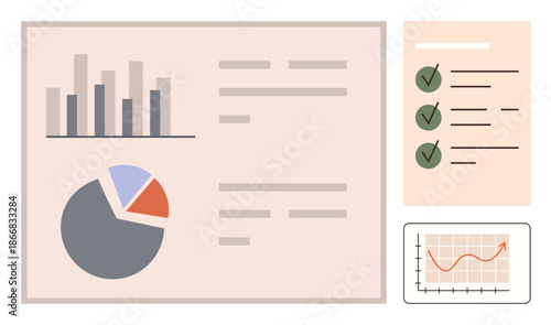 Business analysis, data reporting, workflow management, statistics presentation, project tracking, and growth monitoring. Bar chart, pie chart a checklist and a trend graph. Business analysis